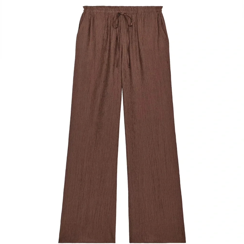 Zara NWT textured weave tan brown wide leg pants